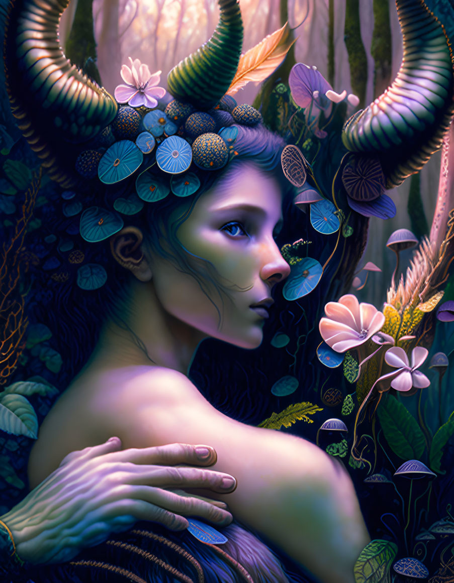 Mystical female figure with horns and floral headdress in purple forest