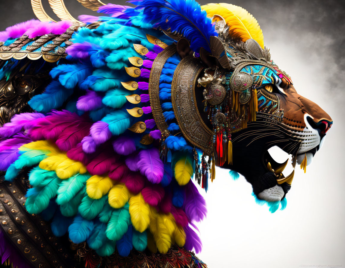 Colorful Stylized Jaguar Profile with Feather Headdress and Ornamental Decorations