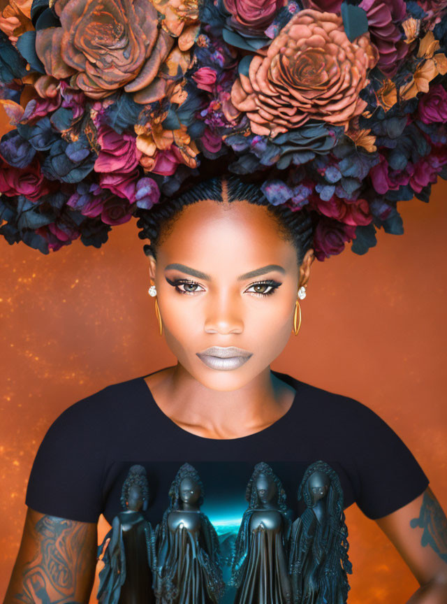 Woman with striking makeup and floral headdress in black T-shirt and tattoos