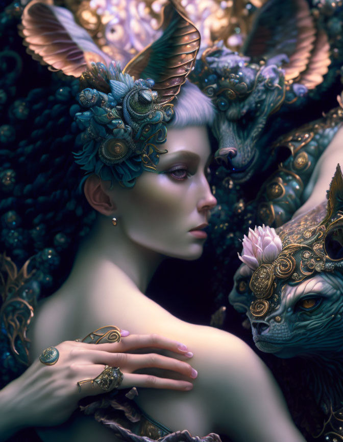 Fantasy portrait of woman with pale skin and animal-inspired headdresses, surrounded by mythical creatures in rich