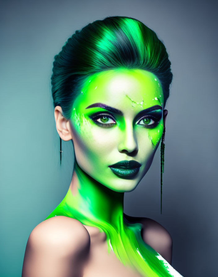 Striking green makeup and body paint on woman with sleek hair