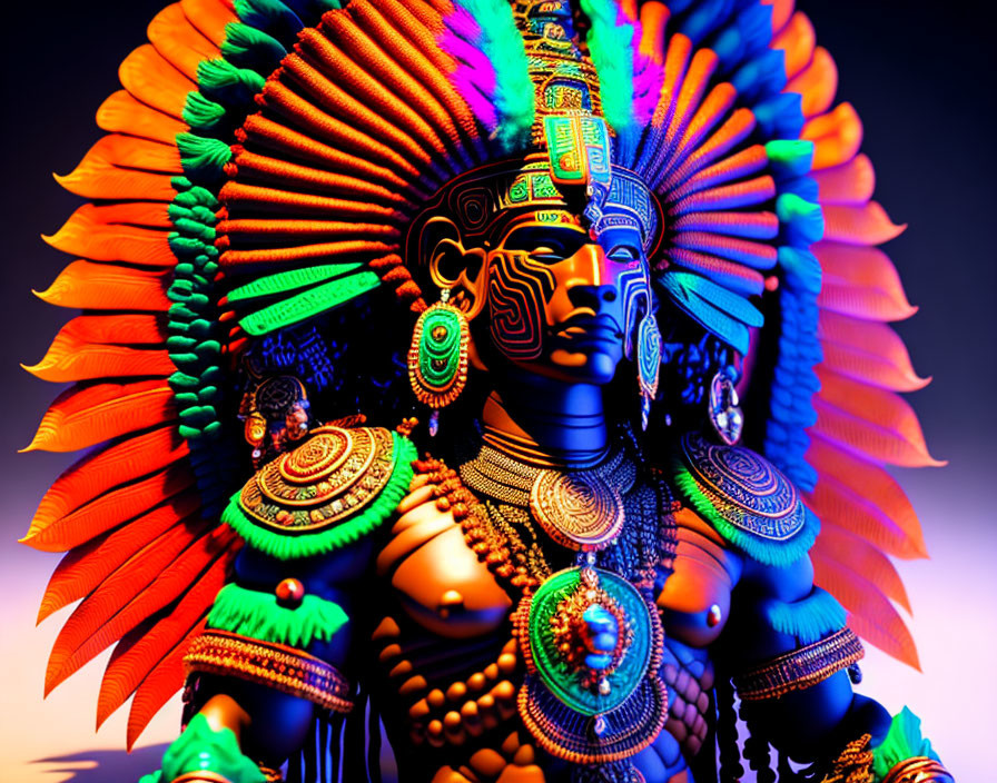 Colorful Aztec-inspired digital artwork with intricate feather headdress.