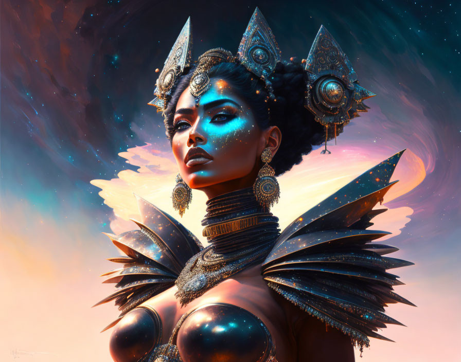 Blue-skinned woman in golden armor against cosmic backdrop