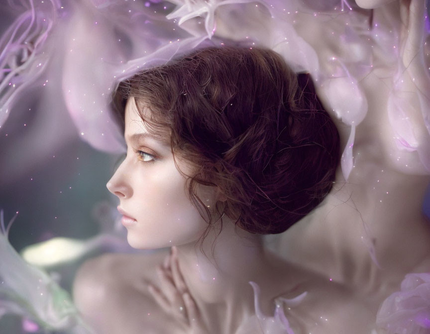 Serene woman in purple ethereal flower setting