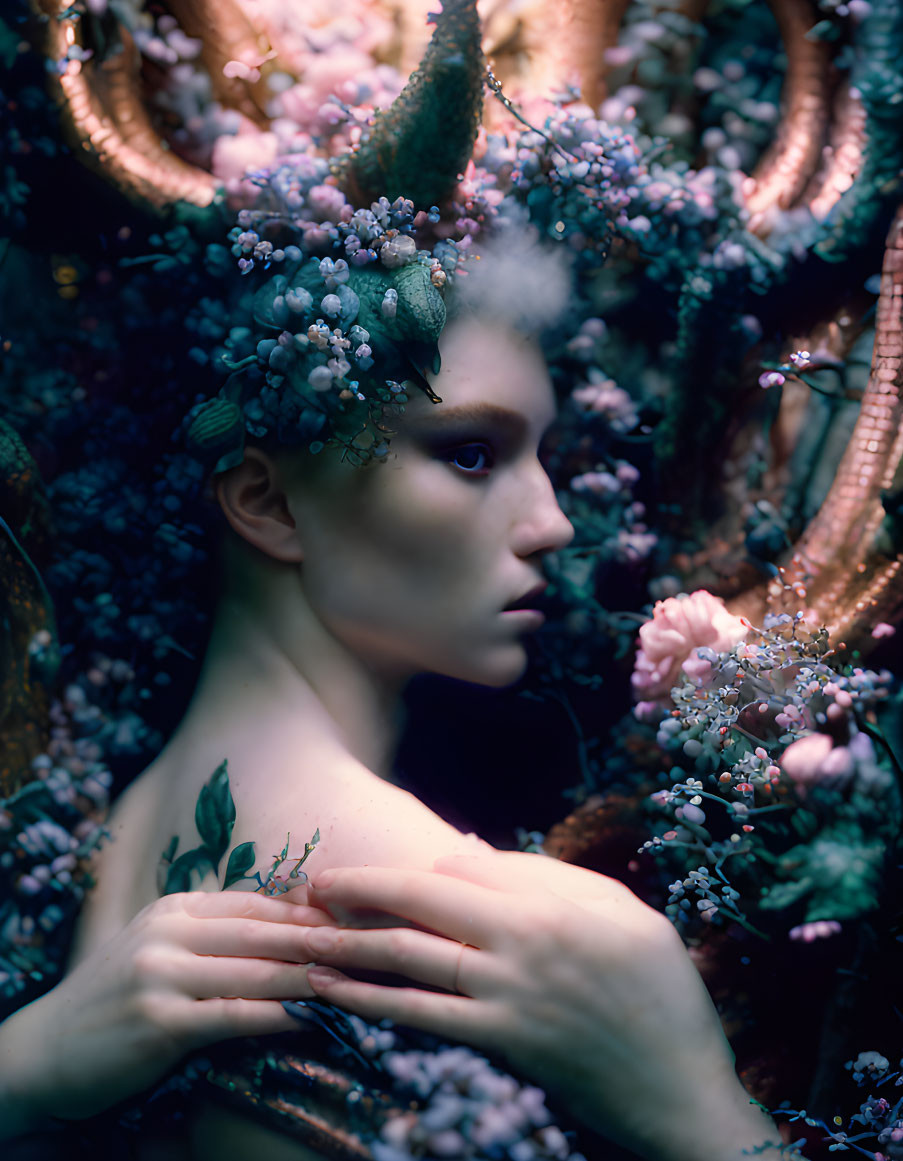 Person's portrait with floral elements in mystical backdrop