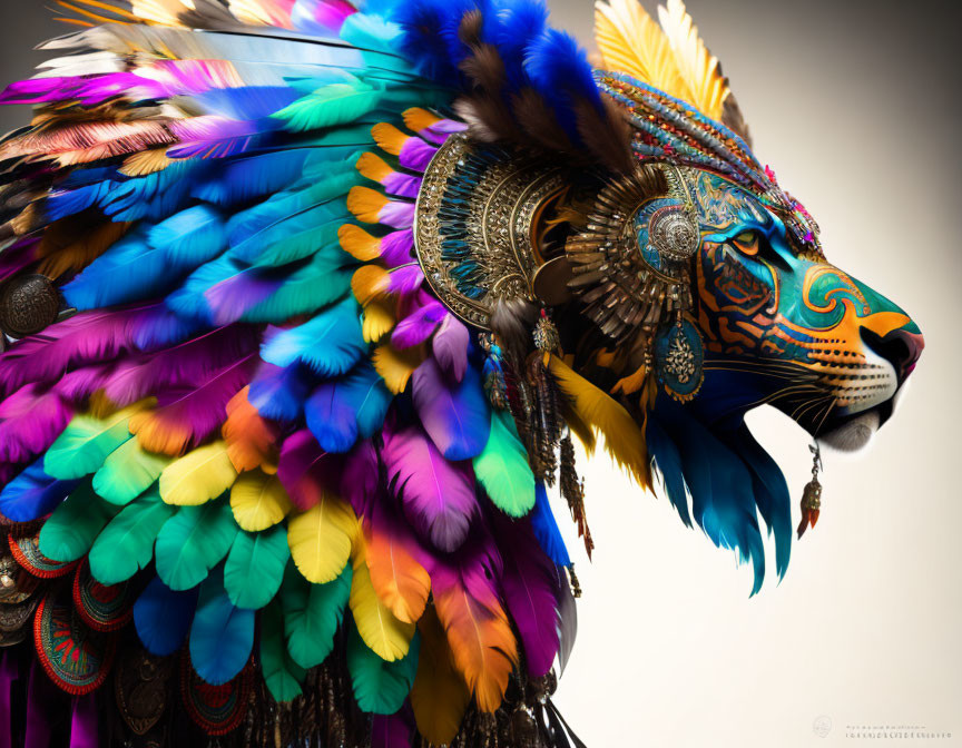 Vibrant Aztec jaguar head with feather headdress on neutral backdrop