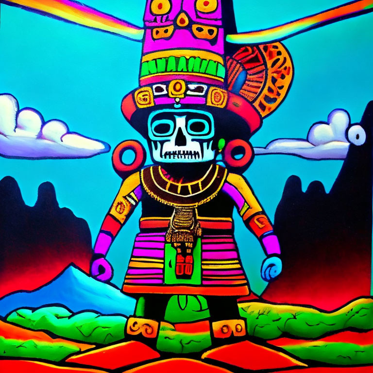 Vibrant Mesoamerican skeletal figure in traditional attire on scenic backdrop