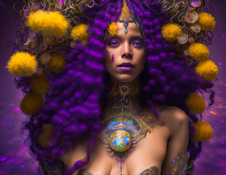 Vivid purple hair and golden ornaments on woman with enigmatic gaze