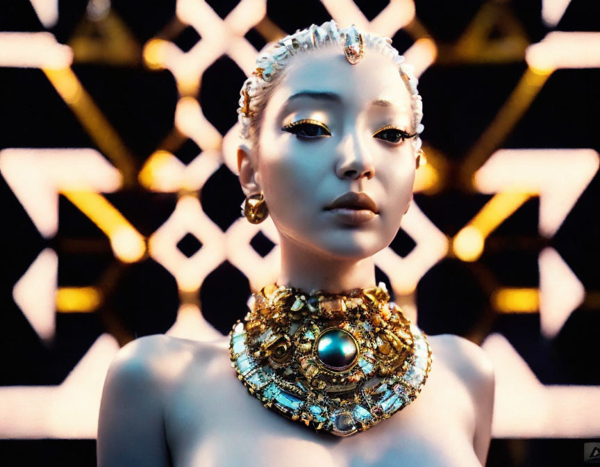 Golden headgear and jewelry on humanoid figure against geometric background