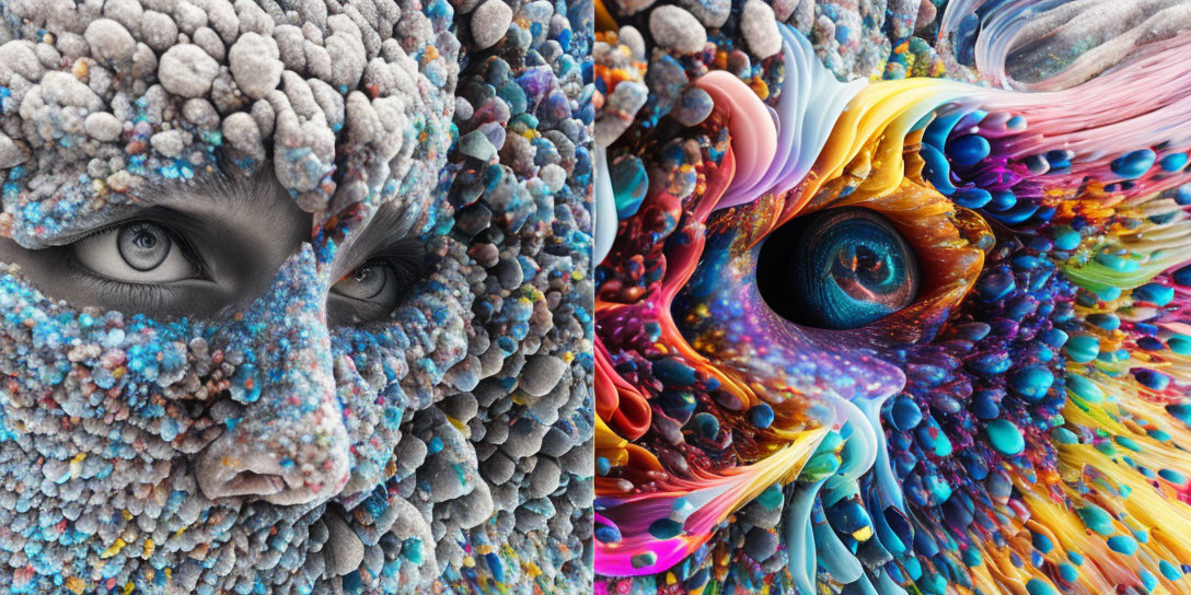 Dual artistic interpretations: textured grey-blue vs. vibrant colors & patterns