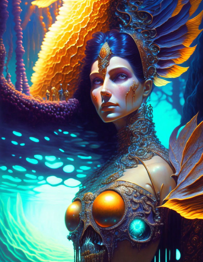 Blue-skinned woman in ornate golden attire surrounded by vibrant fantasy flora