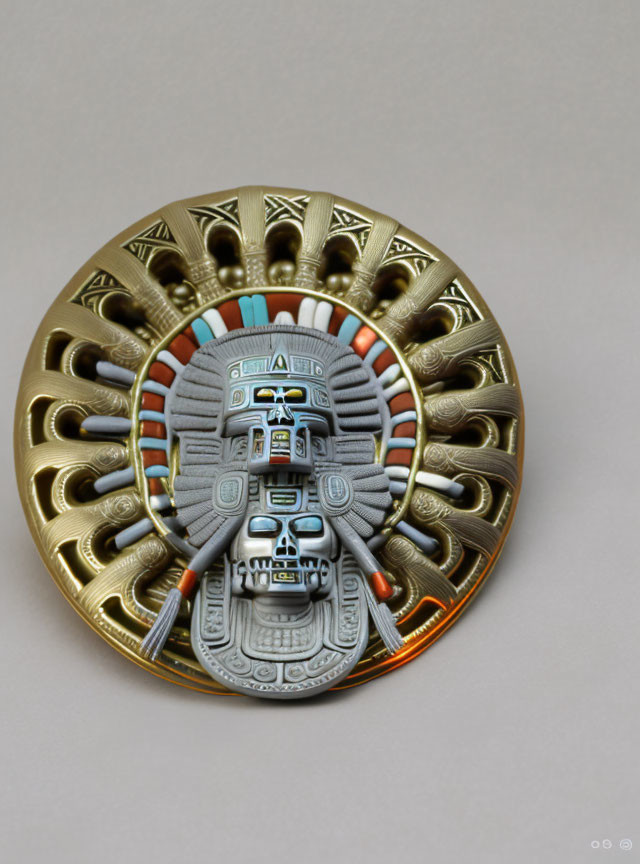 Circular Mesoamerican-Inspired Ornamental Plaque in Gold, Turquoise, and Coral H