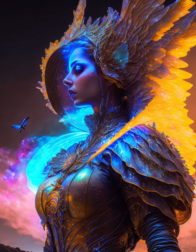 Fantasy art: Woman with blue skin, feathered armor, crown, and butterfly in twilight sky