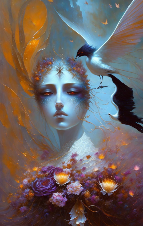 Surreal portrait of a woman with blue skin and bird in vibrant orange tones