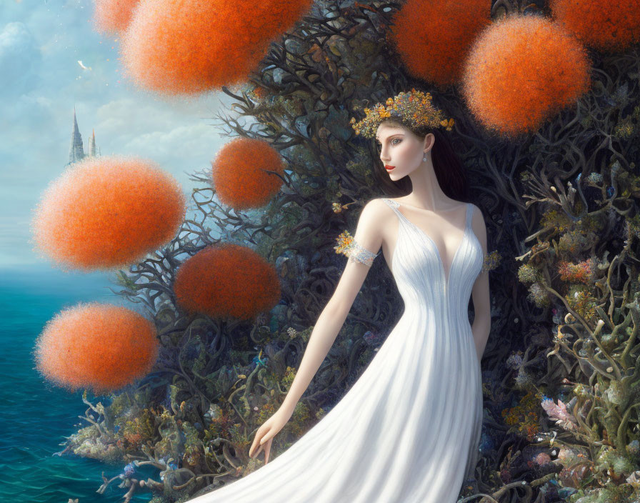 Woman in White Dress in Fantastical Landscape with Orange Tree-like Forms