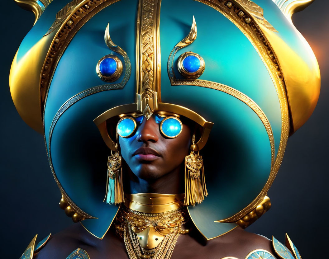 Stylized Egyptian headdress with golden details and blue eyepieces