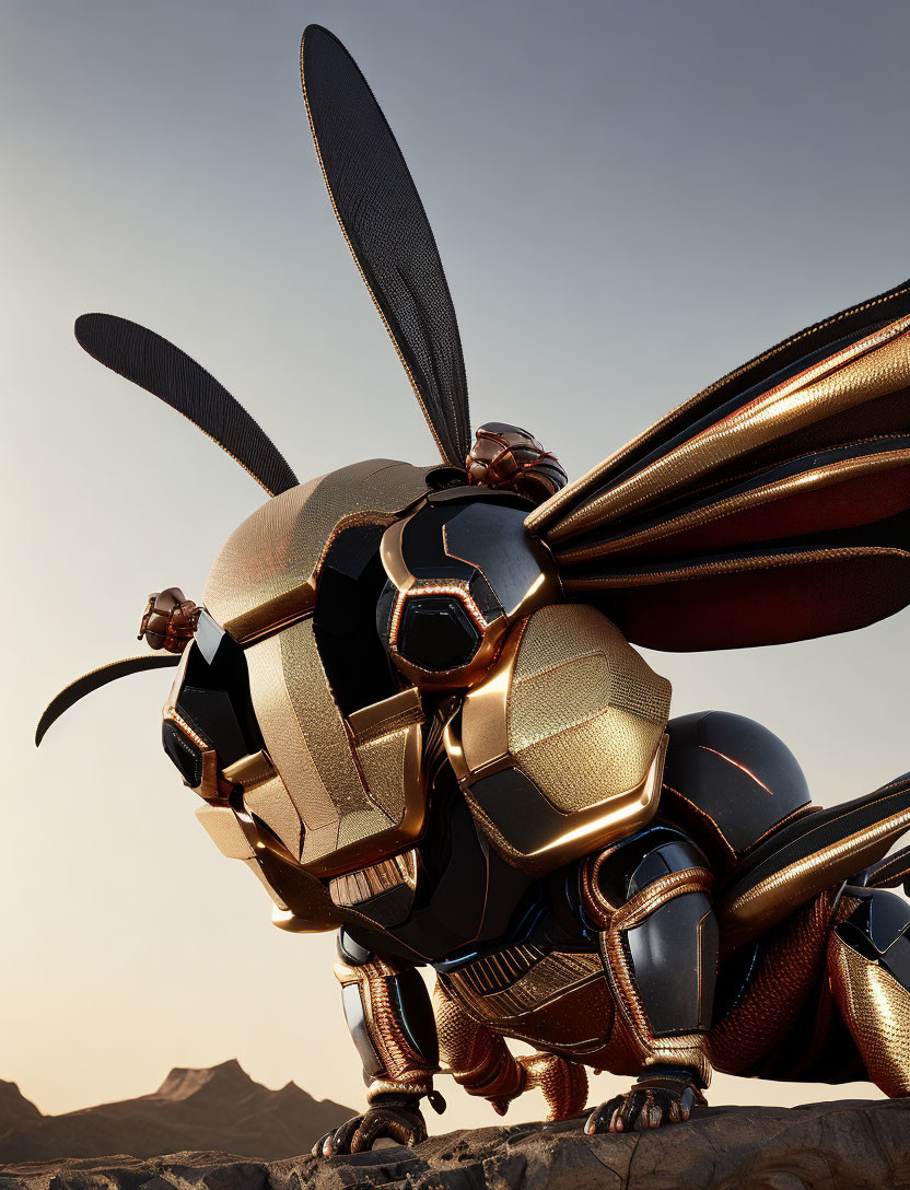 Detailed Metallic Robotic Bee in Golden and Copper Tones on Desert Sunset Background