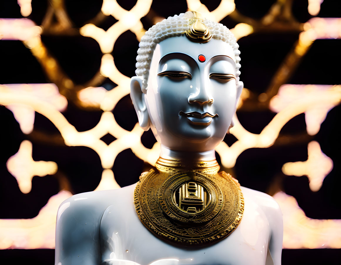 White Buddha statue with golden neckpiece on ornate glowing background