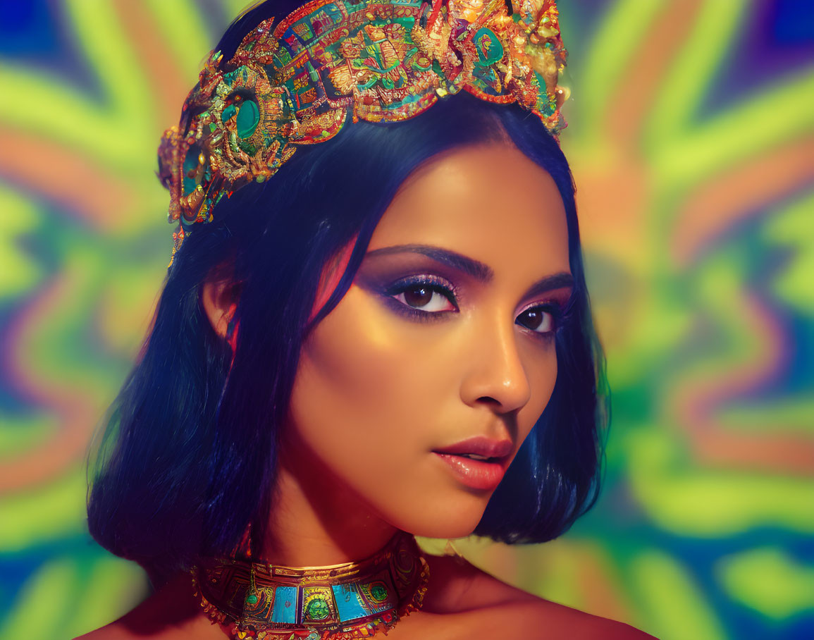 Colorful Headdress Woman with Striking Makeup on Psychedelic Background