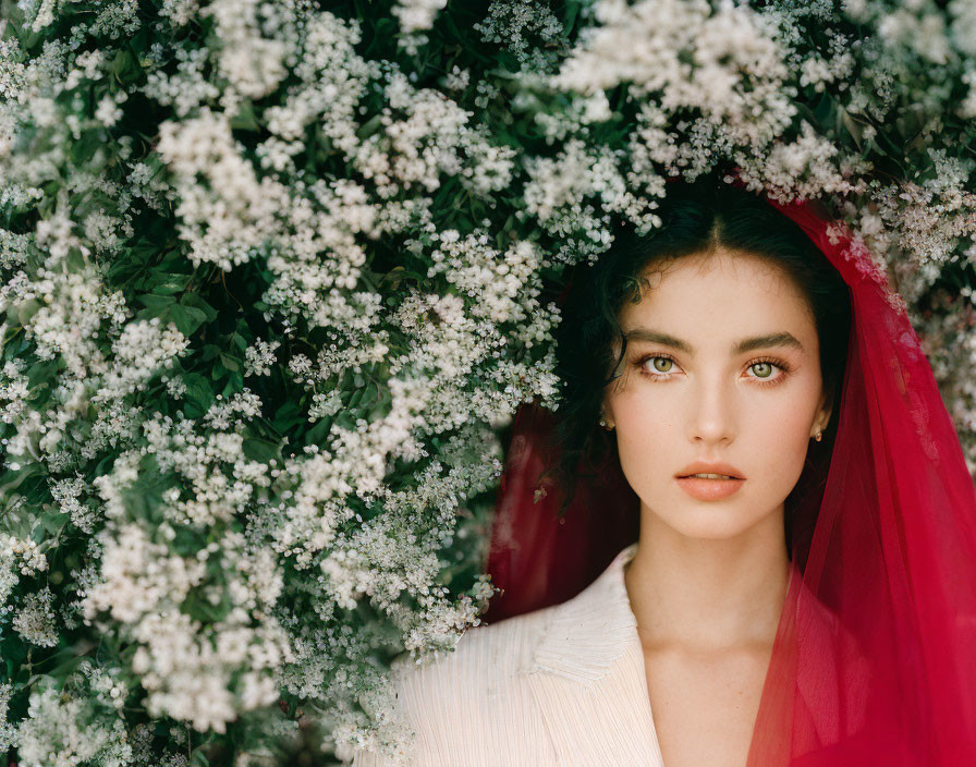 Woman with red veil surrounded by white blossoms in serene gaze