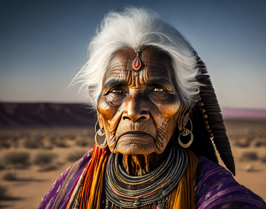 Elderly Woman with White Hair and Traditional Jewelry in Desert Portrait