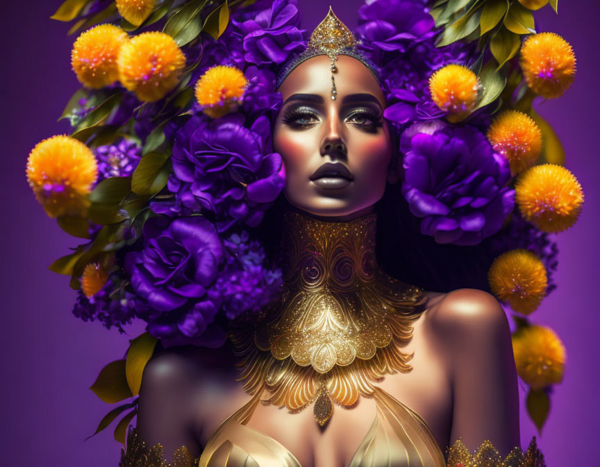 Regal woman with golden jewelry and floral headdress on purple background