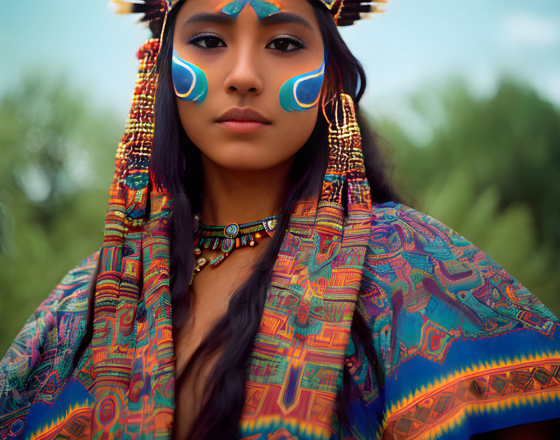 Indigenous Woman in Traditional Attire with Face Paint