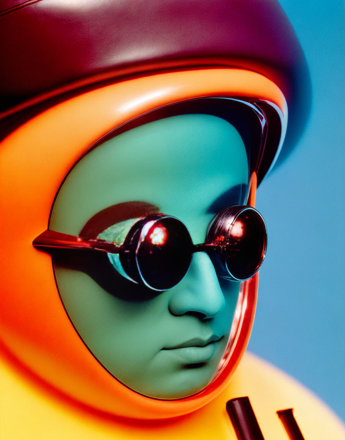 Futuristic green-skinned figure in round sunglasses and orange helmet on blue backdrop