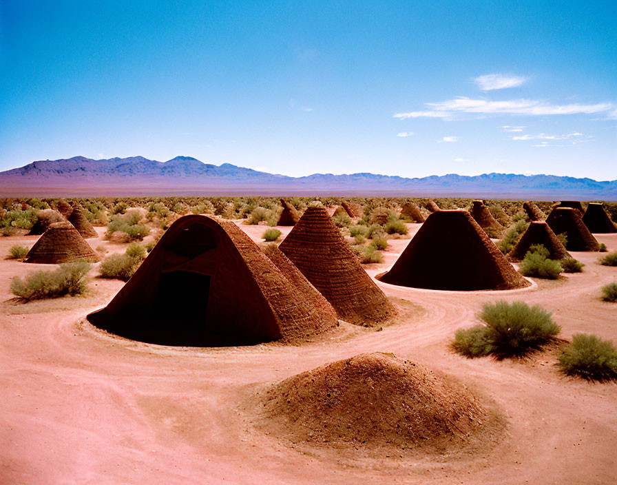 Desert landscape with conical clay formations under blue sky