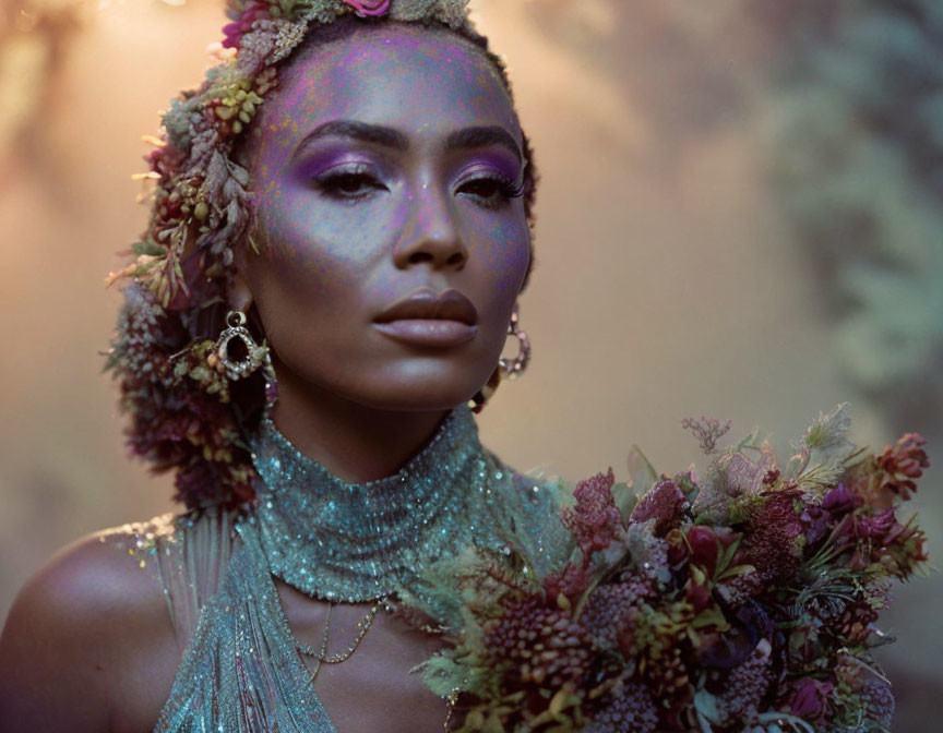 Woman with floral adornments and dramatic makeup in golden haze.