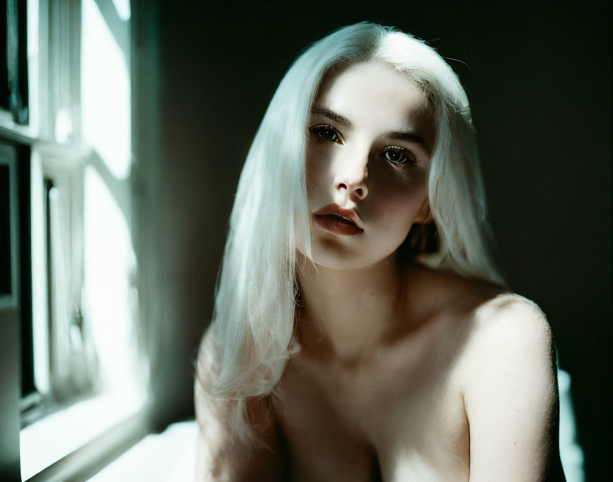 Person with White Hair and Fair Skin Gazing Near Window with Natural Light