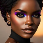 Woman with Striking Purple Eyeshadow and Head Wrap Shows Flawless Makeup