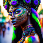 Colorful Carnival Makeup and Flower-Adorned Headdress with Intricate Designs