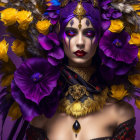 Woman with Yellow and Purple Rose Headpiece and Ornate Necklace on Purple Background