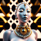 Golden headgear and jewelry on humanoid figure against geometric background