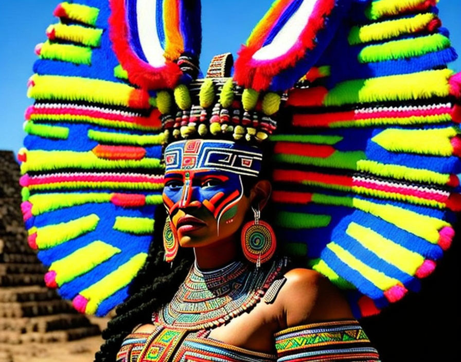 Person in Colorful Traditional Attire with Elaborate Headdress and Face Paint Standing by Pyramids