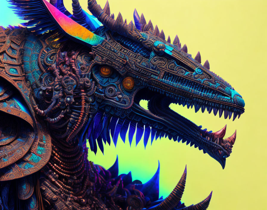 Intricate Metallic Dragon Sculpture with Blue Spikes and Glowing Orange Eyes