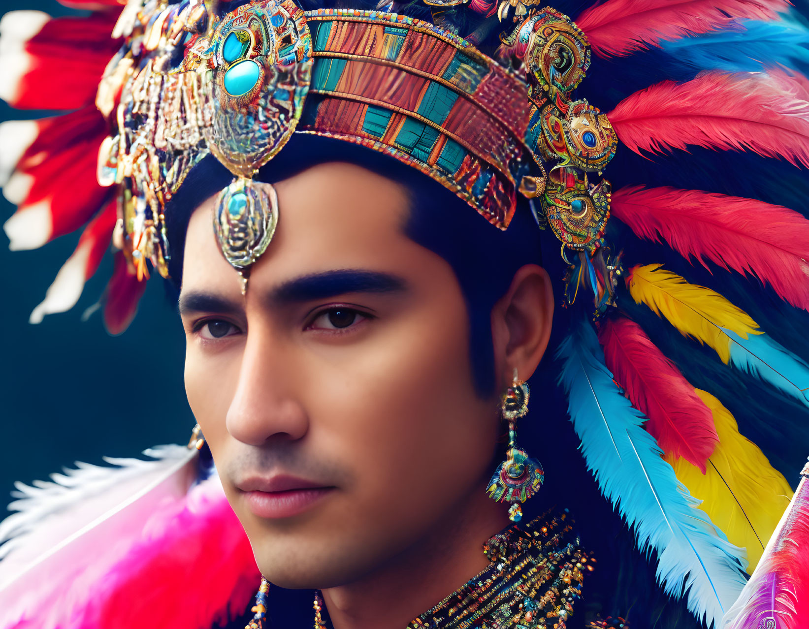 Person in Vibrant Feather Headdress and Golden Jewelry Exuding Regal Cultural Aura