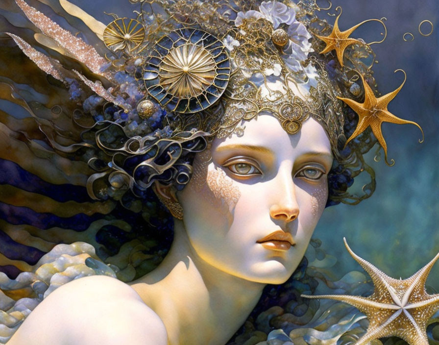 Woman with aquatic-themed adornments and starfish in marine-themed illustration