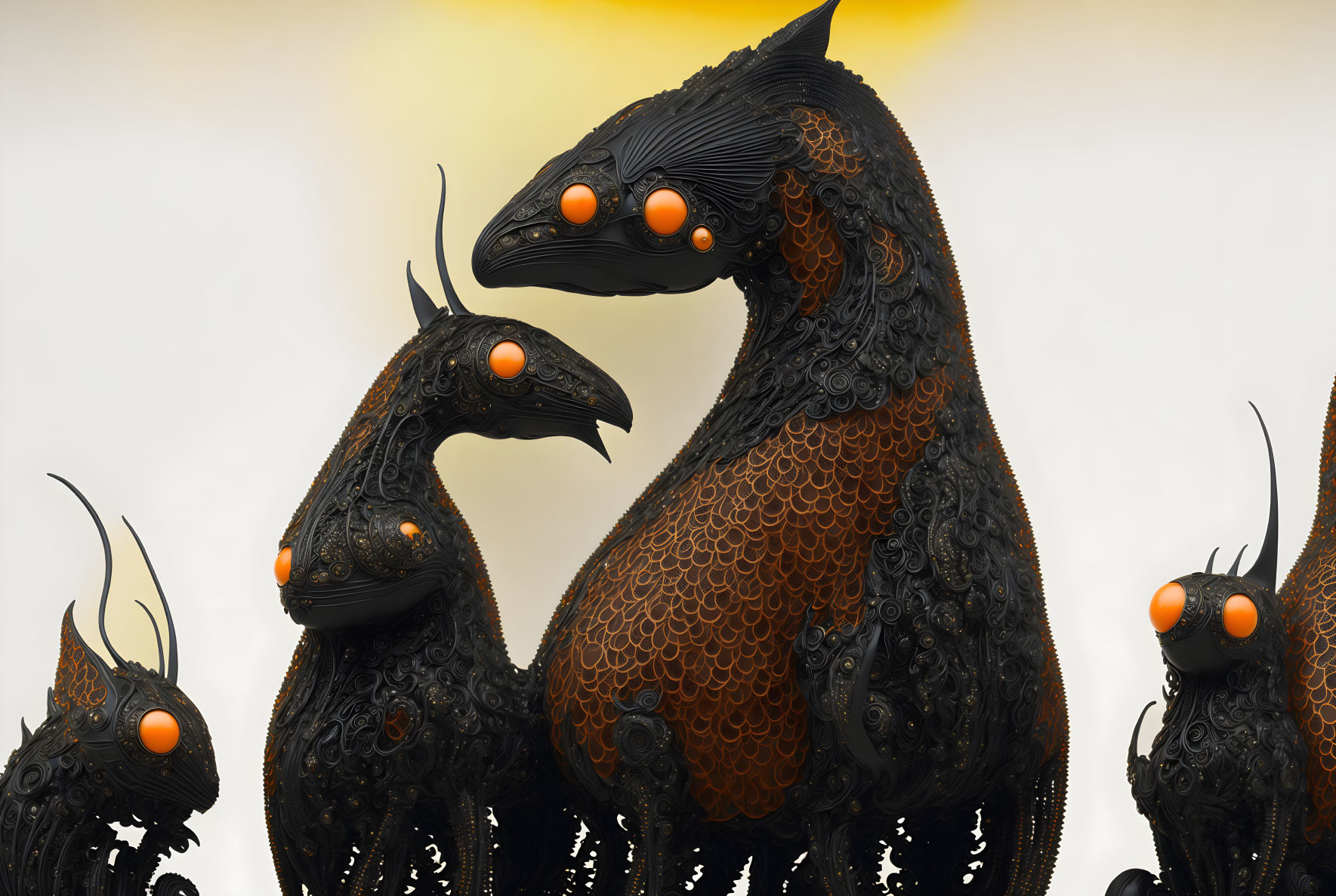 Ornate black-scaled creatures with orange eyes on warm background