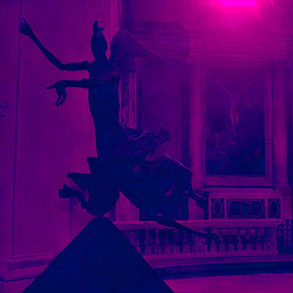 Dynamic sculpture silhouette against purple backdrop with classical elements