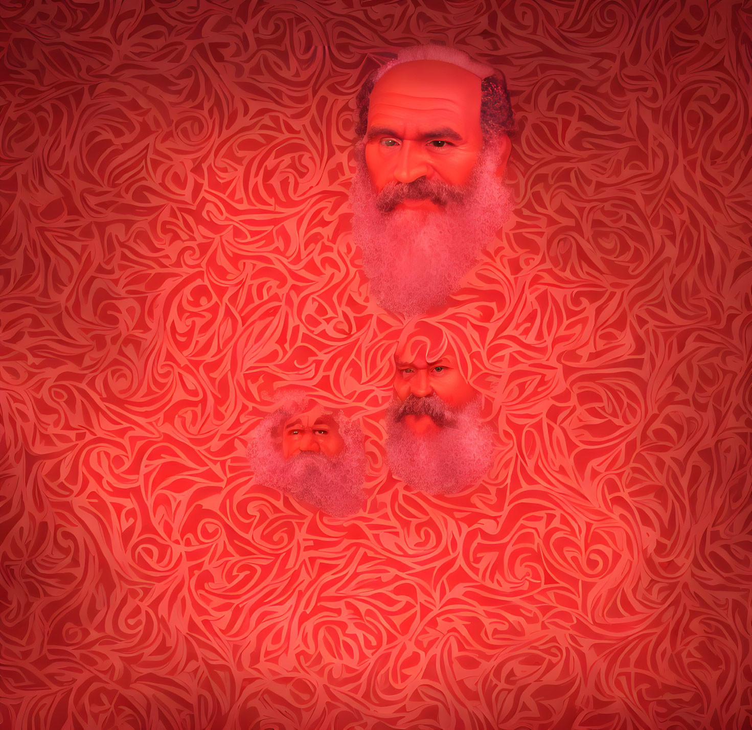 Three identical bearded, bald male figures on red patterned background