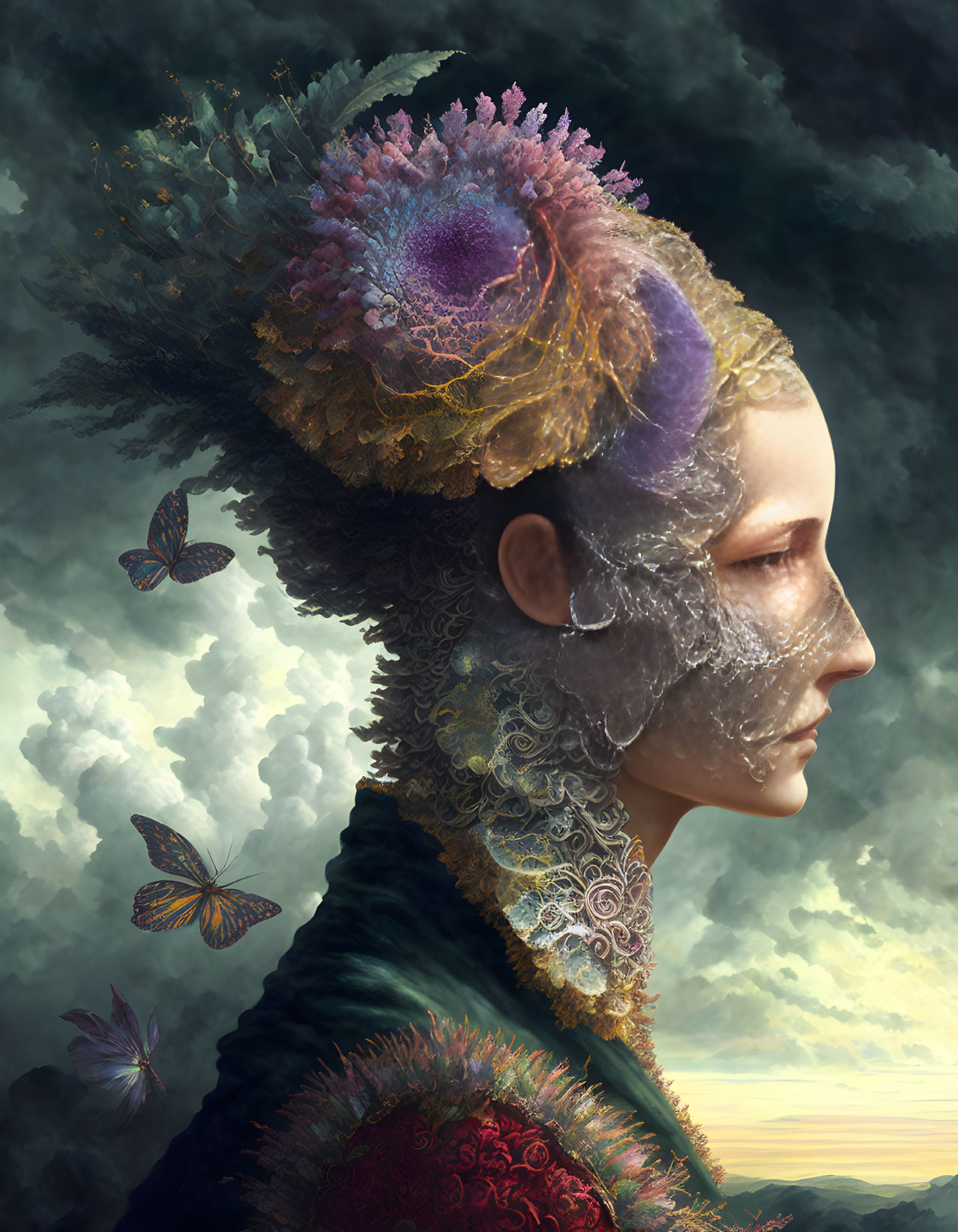 Surreal portrait featuring floral headpiece, butterfly motifs, and sunset clouds background