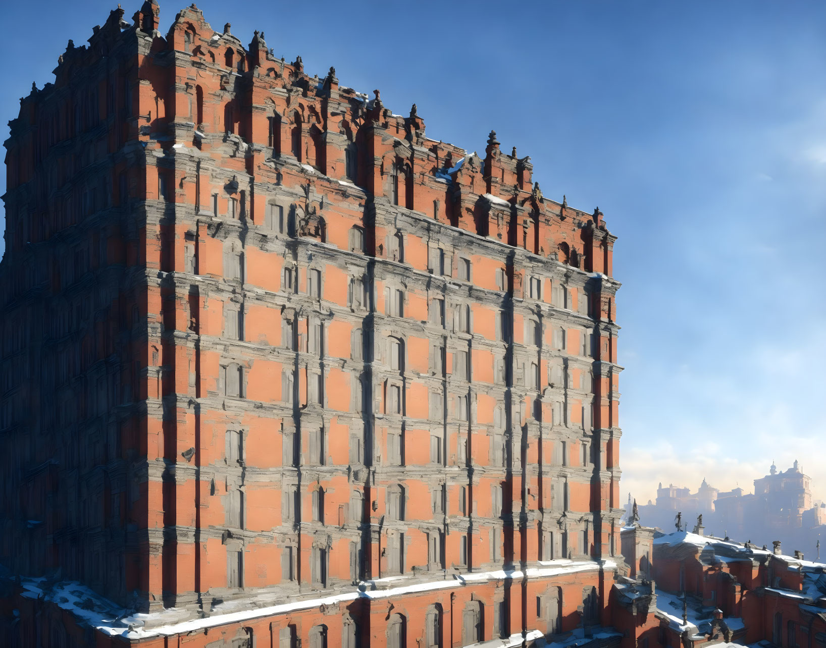 Symmetrical windows on ornate orange building under blue sky