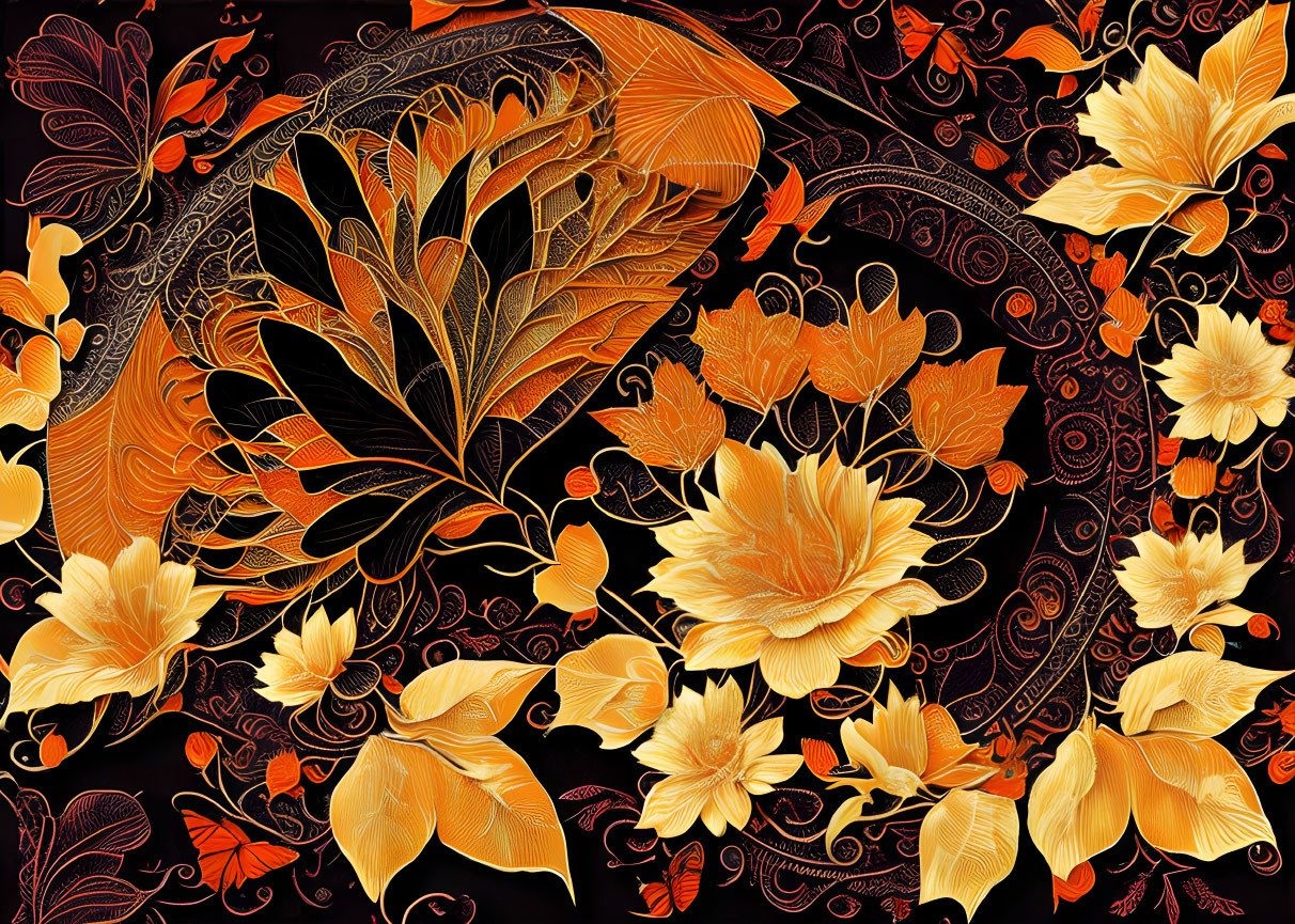 Luxurious gold and orange floral pattern on dark background