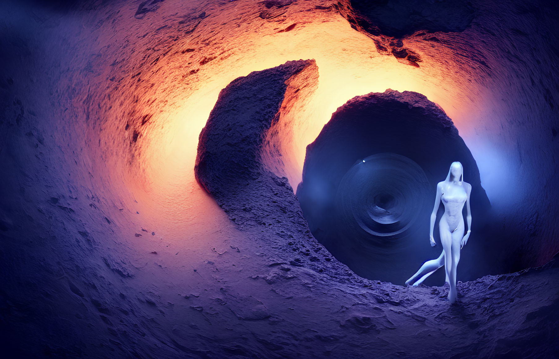 Surreal humanoid figure in cave with glowing orange and blue light