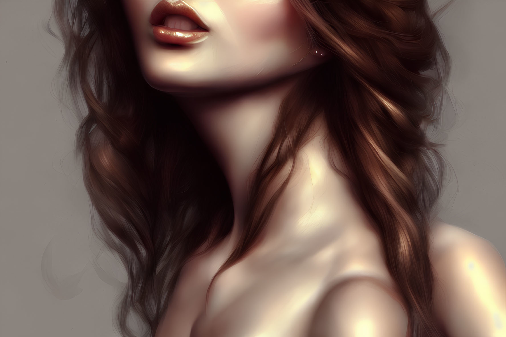 Portrait of woman with full lips and wavy hair in soft tones