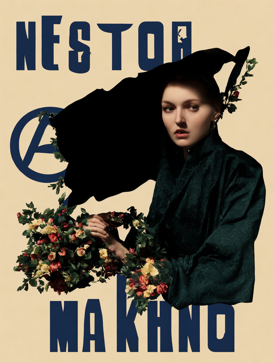 Vintage propaganda poster featuring stylized portrait of woman, man silhouette, "NÉSTOR MAKH