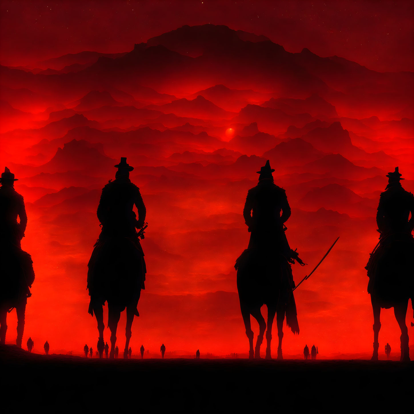 Silhouetted horseback riders with swords against red mountains and dark sky