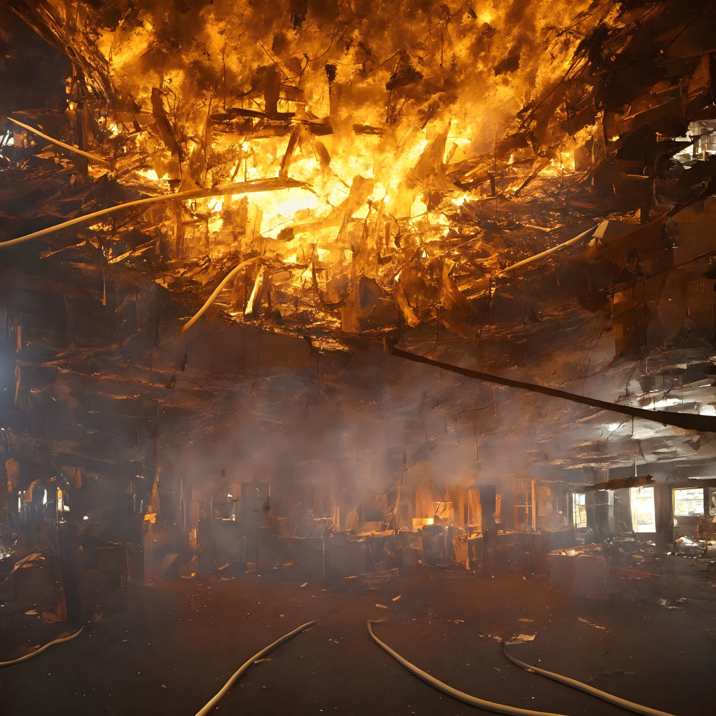 Intense building fire with flames, debris, and smoke